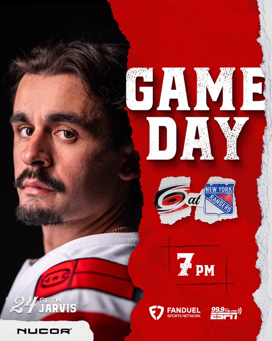 Graphic promoting tonight’s game information featuring Seth Jarvis 

Canes at Rangers - 7 PM 
Tune in - FanDuel Sports Network, 99.9 The Fan