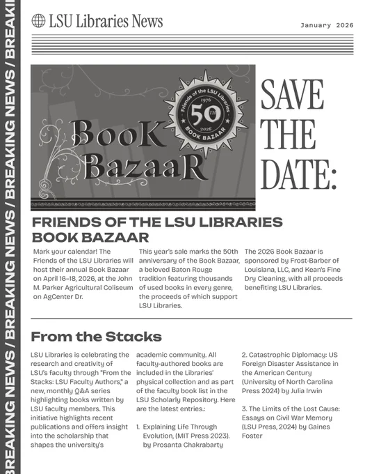 Graphic in the style of the front page of a newspaper reads: LSU Libraries News January 2026. View full text at the newsletter link in the caption. 