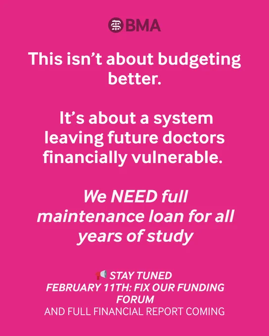 This isn’t about budgeting better.
It’s about a system leaving future doctors financially vulnerable.
We NEED full maintenance loan for all years of study
📢 STAY TUNED
FEBRUARY 11TH: FIX OUR FUNDING FORUM
AND FULL FINANCIAL REPORT COMING