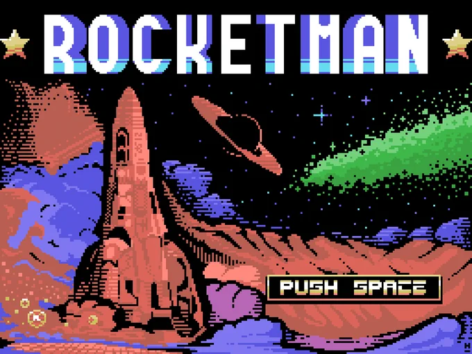 A 256x192 image from the Rocketman MSX game, featuring a rocket on a red landscape with planets and stars on the sky.