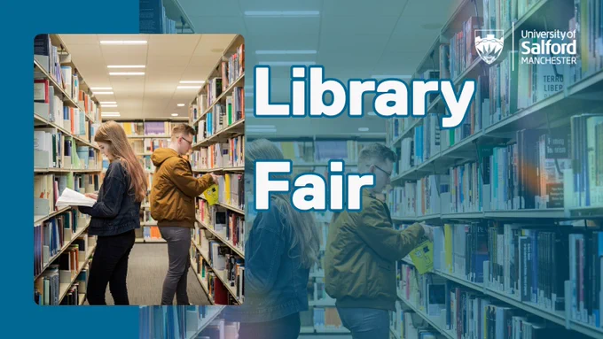 Two students browsing books in the library. text reads:library Fair 