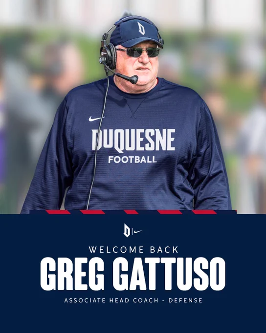 Greg Gattuso with headset on. Text that reads Welcome Back. Greg Gattuso. Associate Head Coach - Defense