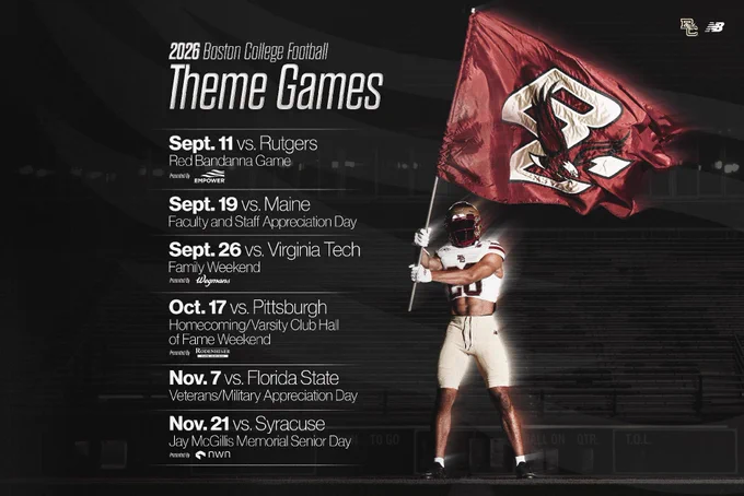 Boston College football theme games announcement for 2026, featuring a figure holding a Boston College flag in a stadium. The schedule includes games against Rutgers, Maine, Virginia Tech, Pittsburgh, Florida State, and Syracuse, with themes such as Red Bandanna Game, Appreciation Day, Family Weekend, Homecoming, Veterans Day, and Senior Day.