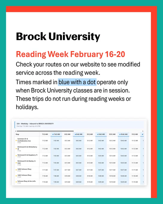 Some Brock University routes have modified schedules during reading week. Check our website.
