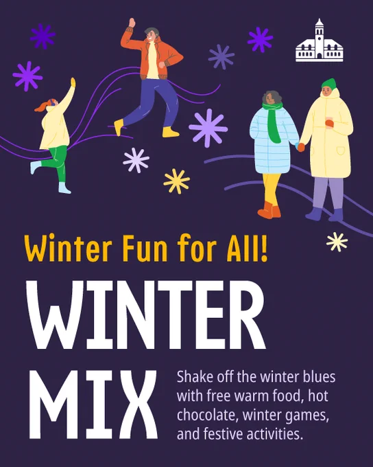 Promotional graphic for Winter Mix event series. Four people are joyfully walking against a dark background adorned with colorful snowflakes. City of Cambridge logo in top right corner. Text reads: "Winter Fun for All! WINTER MIX. Shake off the winter blues with free warm food, hot chocolate, winter games, and festive activities."