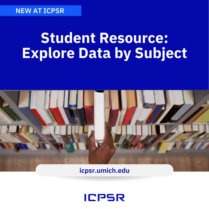 Book being pulled from shelf with text, "Student Resource: Explore Data by Subject"