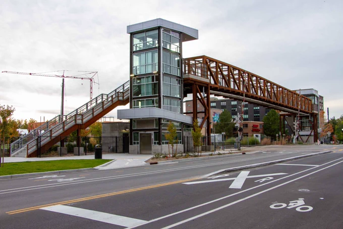 The 300 North bridge, designed for people walking and biking. It provides a safe and reliable way to cross the railroad tracks without long delays.