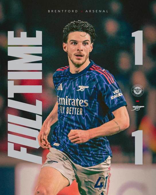 A full-time graphic showing the 1-1 scoreline with an image of Declan Rice.