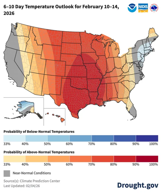 The Climate Prediction Center's 6-10 day temperature outlook favors above-normal temperature for almost all of the United States.