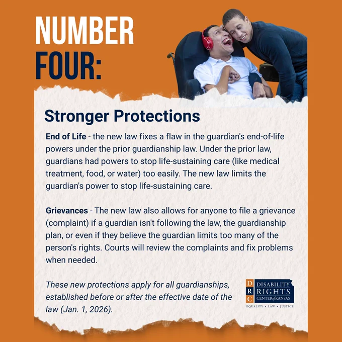 Orange graphic with white and blue text reads: "NUMBER FOUR: Strong Protections
 
End of Life - the new law fixes a flaw in the guardian's end-of-life powers under the prior guardianship law. Under the prior law, guardians had powers to stop life-sustaining care (like medical treatment, food, or water) too easily. The new law limits the guardian's power to stop life-sustaining care.
 
Grievances - The new law also allows for anyone to file a grievance (complaint) if a guardian isn't following the law, the guardianship plan, or even if they believe the guardian limits too many of the person's rights. Courts will review the complaints and fix problems when needed.
 
These new protections apply for all guardianships, 
established before or after the effective date of the 
law (Jan. 1, 2026)."
 
Stock image of two young men, brothers,  smiling with their heads together.  One brother is in a wheelchair. DRC Kansas blue and orange logo in the bottom right-hand corner.