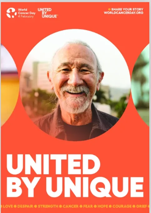 Image shows mature man smiling against an orange background with the text "United by Unique"
