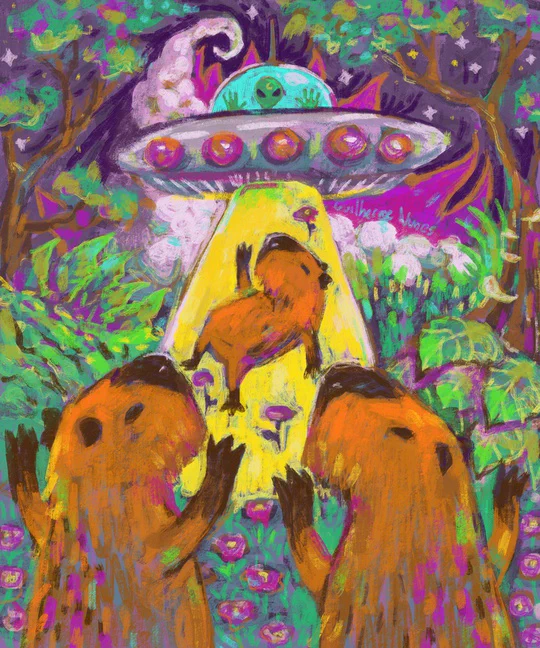 Painting, in a forest at night in a field of flowers a capybara is abducted by an alien ship while two other capybaras celebrate.
