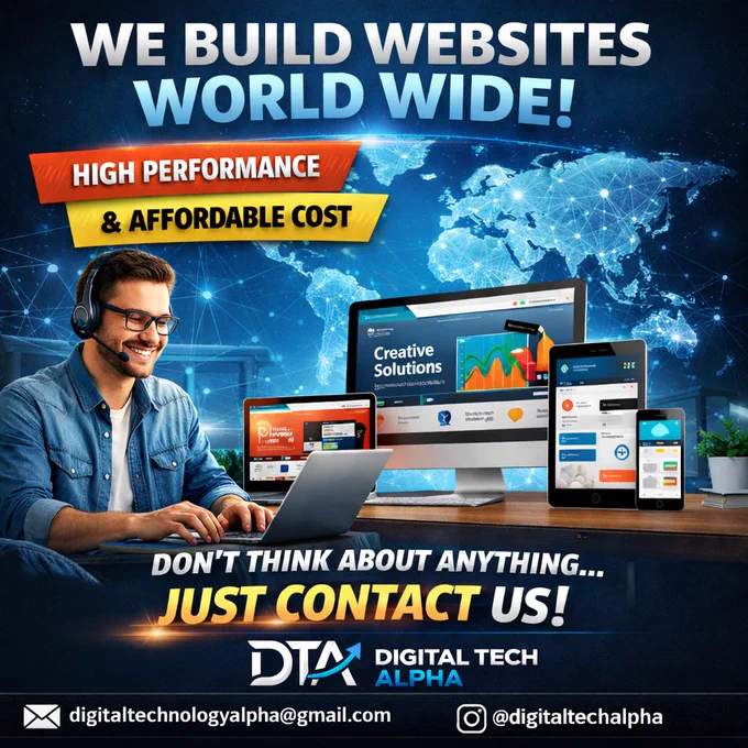 “Promotional graphic by Digital Tech Alpha advertising worldwide website development services with a focus on performance, affordability, and modern design.”