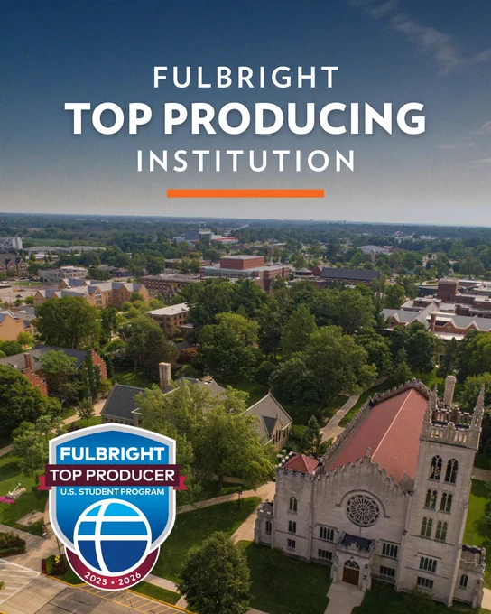 Aerial view of a lush, green university campus with a large, historic building in the foreground. The image features text stating, "Fulbright Top Producing Institution." In the corner, there's a badge with the Fulbright U.S. Student Program logo for 2025-2026.