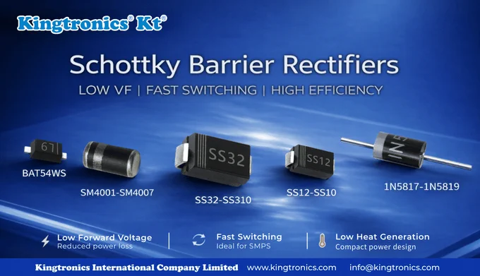 Kingtronics Schottky barrier rectifiers in SMD and axial packages, including BAT54WS, SM4001–SM4007, SS32–SS310, SS12–SS10, and 1N5817–1N5819, highlighting low forward voltage, fast switching, and low heat generation for SMPS and compact power supply applications.