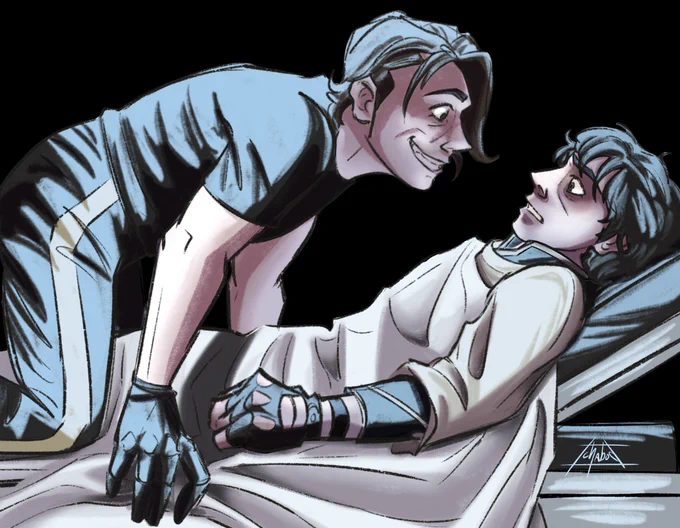 Digital art of gerard way (2026) straddling gerard way (2007) on a gurney, a reference to the blood performance at the end of the show during this tour