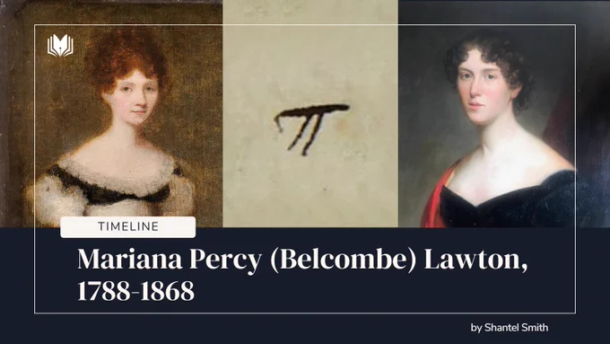 An auburn haired skinny white girl wearing a  black and white gown. The pi symbol is handwritten. A brown haired and blue eyed woman wearing a black dress and a red shawl. The text reads Timeline: Mariana Percy (Belcombe) Lawton, 1788-1868.
