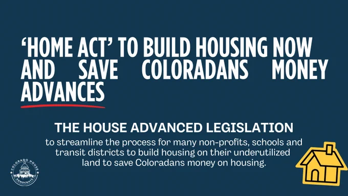 Dark blue graphic with white text on top that says “‘HOME Act’ to build housing now and save Coloradans money” with a red underline under “Advances”. Under, in white text, says “The House advanced legislation to streamline the process for many non-profits, schools and transit districts to build housing on their underutilized land to save Coloradans money on housing.” A yellow graphic of a house is on the right and the Colorado House Democrats logo in white is in the bottom left.