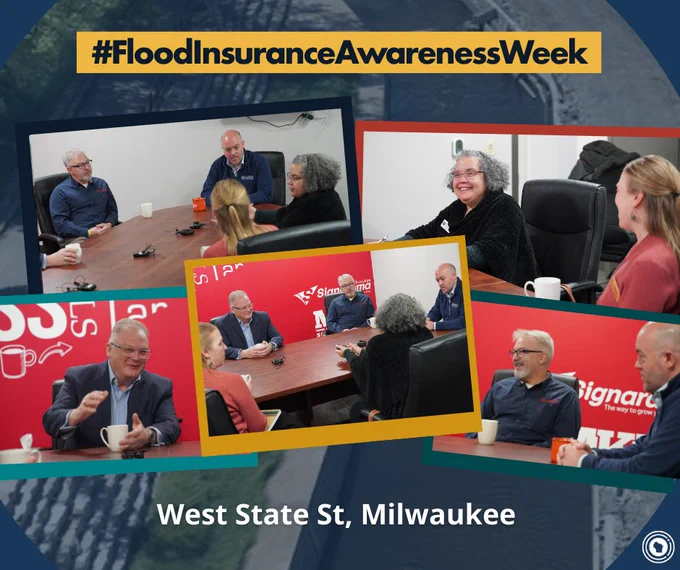 Graphic labeled "FloodInsuranceAwarenessWeek" showing a collage of photos of Commissioner Houdek and local partners meeting doors and discussing flood mitigation efforts along West State Street Milwaukee.