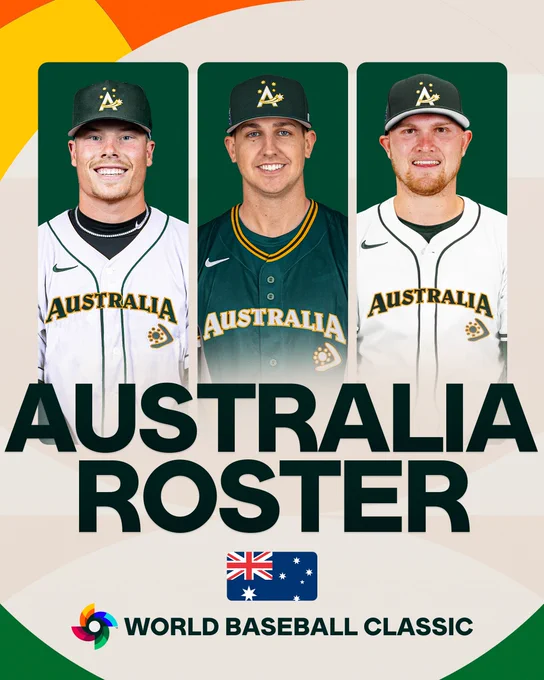 World Baseball Roster Announcement: Australia 
Pictured: Headshots of Robert Glendinning, Travis Bazzana and Curtis Mead in white Team Australia uniforms.