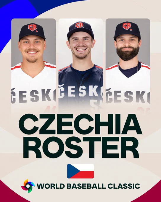 World Baseball Roster Announcement: Czechia
Pictured: Headshots of Martin Mužík, Martin Červenka and Ondřej Satoria in white Team Czechia uniforms. 