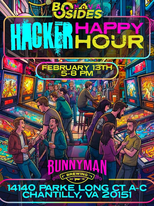 BSides Nova Hacker Happy Hour. February 13th 5-8pm. Bunnyman Brewing 14140 Parke Lone Court A-C Chantilly, Virginia 20151.