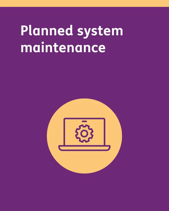Image description: graphic of a cog on a laptop screen with text 'Planned system maintenance'.