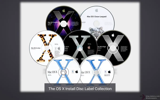 歴代の Mac OS X / OS X インストールディスクに印字されているレーベルを、リリース順にまとめました。
A chronological visual summary of the labels printed on Mac OS X / OS X installation discs.