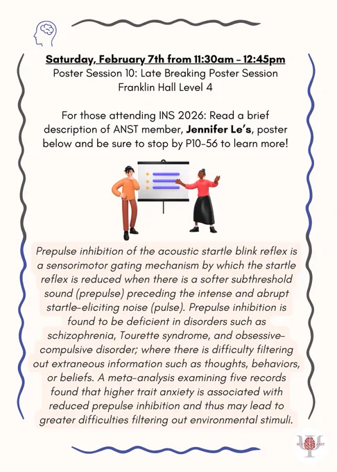 ANST logo is a picture of a brain over the Greek letter Psi with the abbreviations SCN and ANST on the left and right, respectively and located on the bottom right of this flyer. The flyer contains a graphic of two people in front of a poster, with one listening and the other pointing to the poster explaining. 