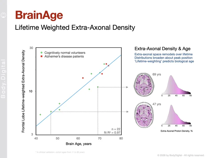 Log-linear relationship fitted to pilot data on 17 cognitively normal volunteers and 5 Alzheimer's patients for "lifetime-weighted" extra-axonal proton density versus age (fit R-squared is 0.97, with some data outside age range shown).