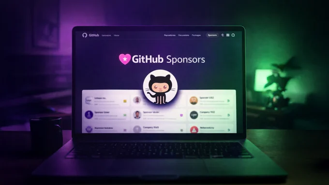 Laptop displaying GitHub Sponsors page with Octocat logo centered, ambient purple and green room lighting and a coffee mug beside the laptop.