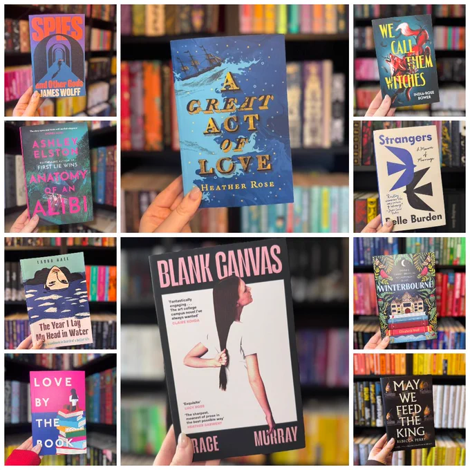A collage of book cover photographs held in a hand in front of colourful bookshelves. The central image shows A Great Act of Love by Heather Rose. Surrounding it are Spies and Other Gods by James Wolff, Anatomy of an Alibi by Ashley Elston, We Call Them Witches by India-Rose Bower, Strangers by Celia Burden, The Year I Lay My Head in Water by Laura Hall, Blank Canvas by Grace Murray, Winterbourne by Elodie Harper, Love by the Book by Melissa Pimentel, and May We Feed the King by Rebecca Perry.