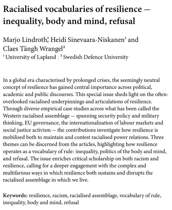 Article: Racialised vocabularies of resilience — inequality, body and mind, refusal