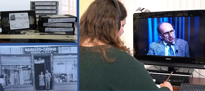 three images in a collage, featuring a stack of tapes, a black and white image of a couple in front of a business with foreign language print and person sitting at a computer wearing headphones will watching a screen featuring a man wearing a grey suit and tie. 