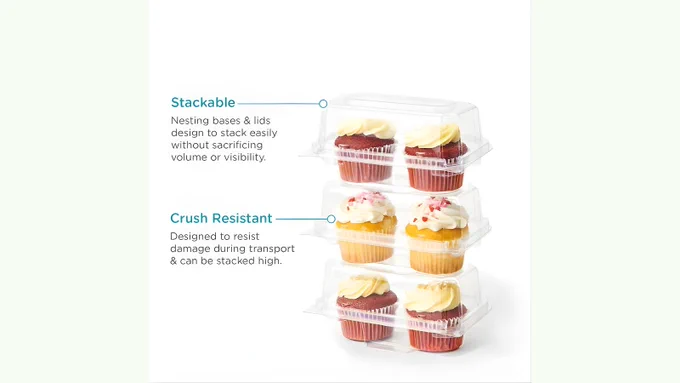 Stacked 2-pack cupcake containers demonstrating "Stackable" and "Crush Resistant" features for safe bakery transport.