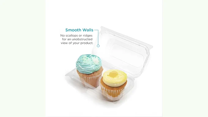 Product feature graphic showing a clear container. Text reads: "Smooth Walls - No scallops or ridges for an unobstructed view of your product."