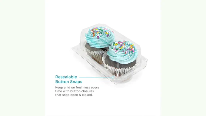 Product feature graphic of a closed container with blue cupcakes. Text reads: "Resealable Button Snaps - Keep a lid on freshness every time with button closures that snap open & closed."