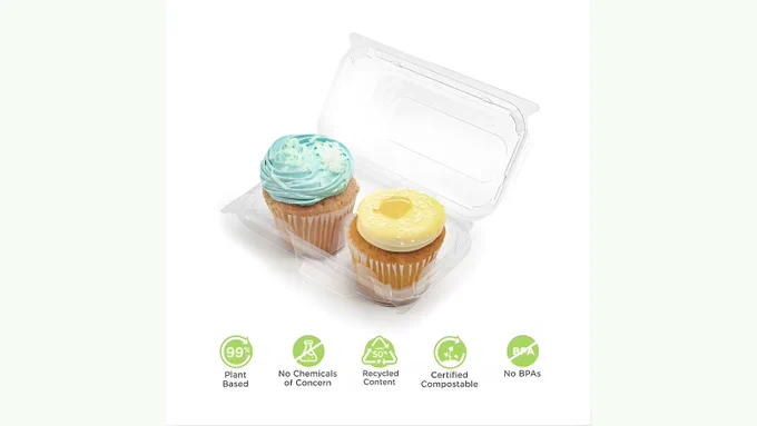 Open 2-pack muffin container with cupcakes. Below are five green icons: 99% Plant-Based, No Chemicals of Concern, Recycled Content, Certified Compostable, and No BPAs.