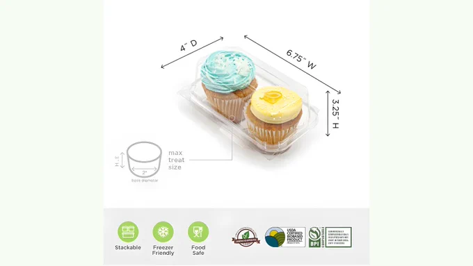Sizing chart for GN-BXX00202 showing 6.75”W x 4”D x 3.25”H. Fits 1.75” standard liners with room for 3-inch tall treats and moderate frosting.