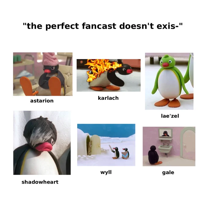 a bunch of penguins that may or may not resemble BG3 characters