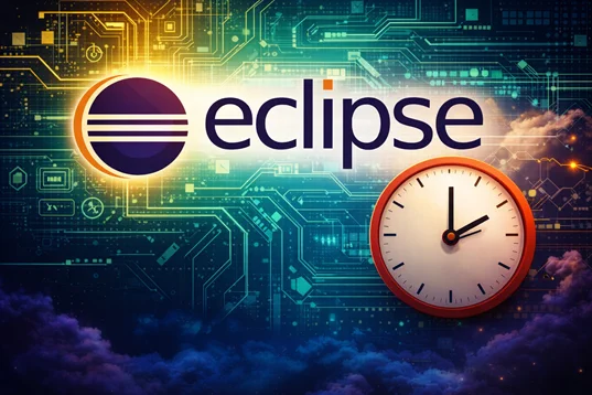 Modern digital hourglass on a dark background, with glowing streams of binary code flowing downward, symbolising time pressure and the urgency to act on Eclipse platform sustainability.
