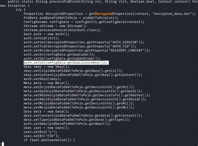 
Properties decryptedProperties = getDecryptedProperties(context, "encrypted_data.dat");

auth.setLk(configData. getAuaLicenceKey());