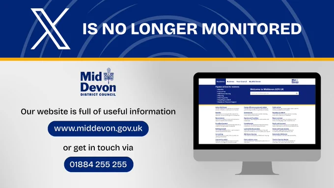 X is no longer monitored. Our website is full of useful information - www.middevon.gov.uk - or get in touch via 01884 255 255.