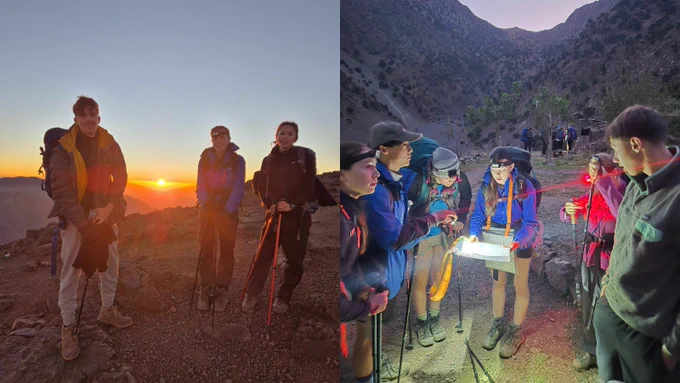 A group of people are hiking on rocky terrain at sunrise. In the left image, they are standing at a viewpoint with the sun rising on the horizon. In the right image, the hikers are examining a map at dusk, using headlamps for light. The background reveals a mountainous landscape.