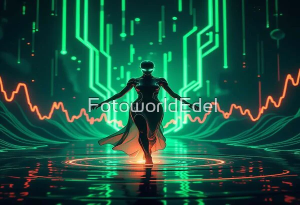 Ein Neon Pulse Dancer, a glowing figure moving through light and digital energy. Neonfarben, Frequenzen und techno‑surreale AI‑Vibes verschmelzen zu einer tanzenden Gestalt, die zwischen Kunst und Technologie schwebt.
