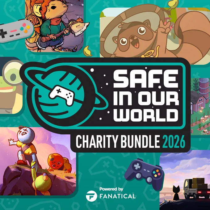 Promotional image for Safe In Our World Charity Bundle 2026, featuring the mental health charity’s logo, a logo for Fanatical, and a series of images from various games featured in the charity games bundle.