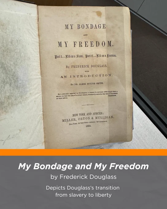Open book showing the 1855 title page of My Bondage and My Freedom by Frederick Douglass.