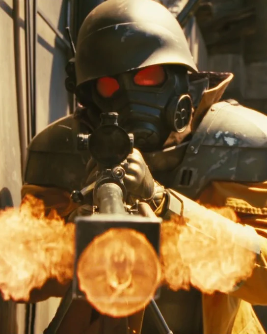 An NCR sniper firing at a Deathclaw in Fallout Season Two, Episode Eight.