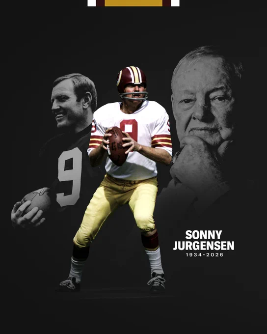 Graphic featuring photos of Sonny Jurgensen. The background of the graphic is black. The graphic features his name and the years of his life, 1934-2026.