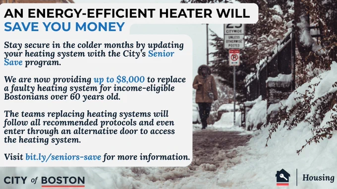 Snow-covered residential street in Boston with a sign about energy-efficient heating programs for seniors.